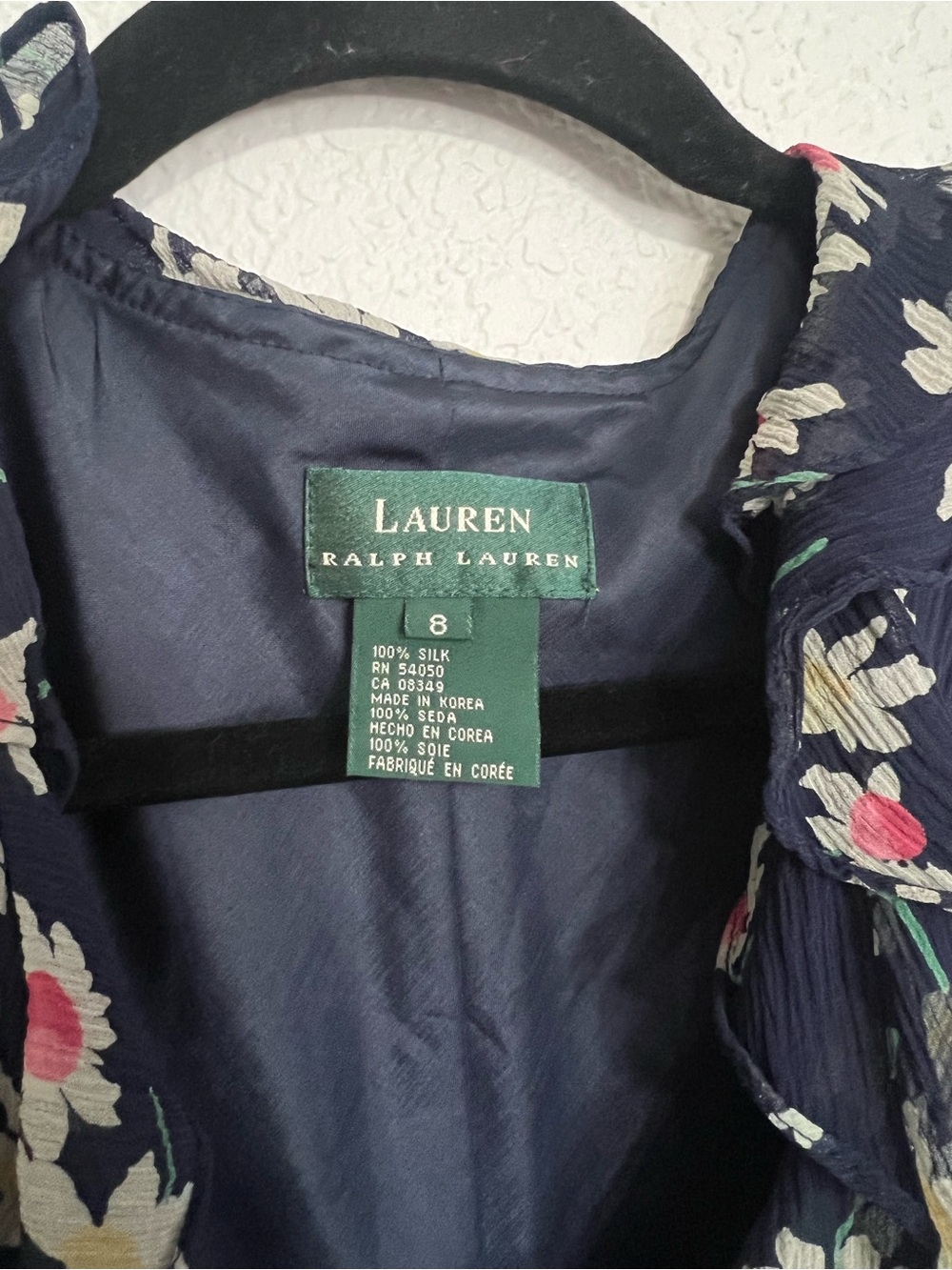 Lauren Ralph Lauren Silk Floral Ruffle Neck Midi Dress Navy Sleeveless Size 8 - Picture 5 of 10